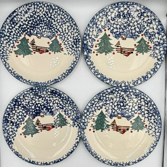 Tienshan Folk Craft Dinner Plate Cabin In The Snow Christmas Red Dots 10-3/8" - Picture 3 of 6
